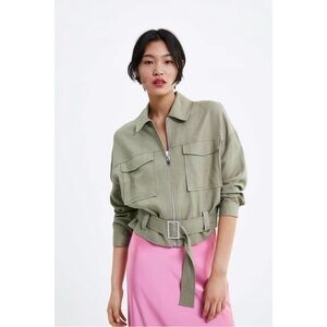 Zara Linen Green Zip Buckle Belted Shirt Jacket